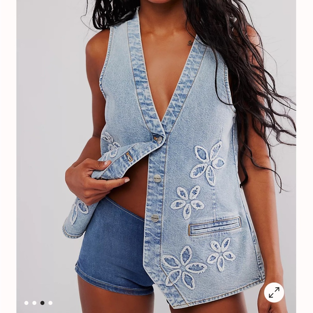 Free People Driftwood Flower Denim Vest Denim Blue Size Small
